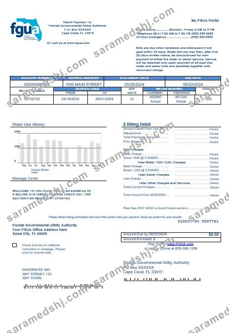 USA Florida FGUA business utility bill template in Word and PDF formats